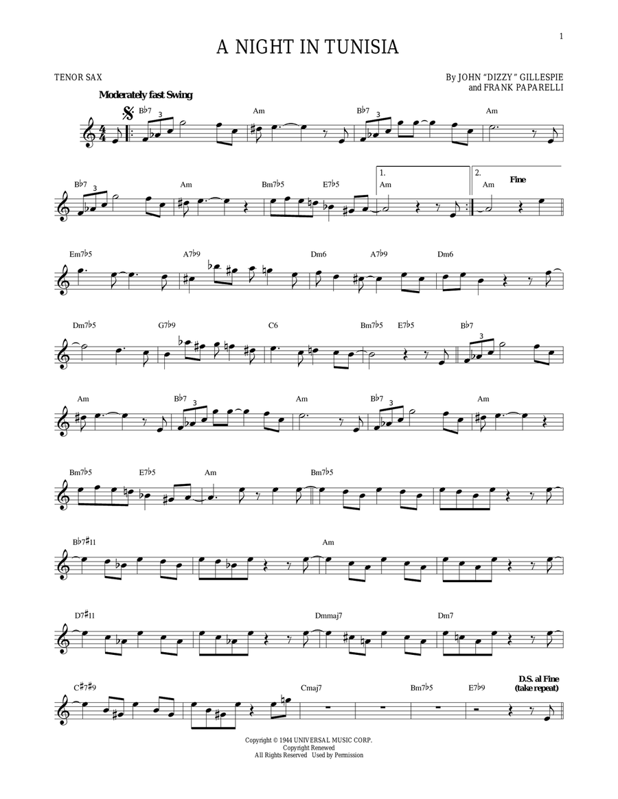 A Night In Tunisia Tenor Saxophone scores gallery preview page 1