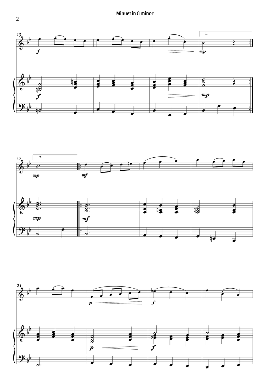 Minuet in G minor (violin and piano – clean sheet music) Violin Solo scores gallery preview page 2