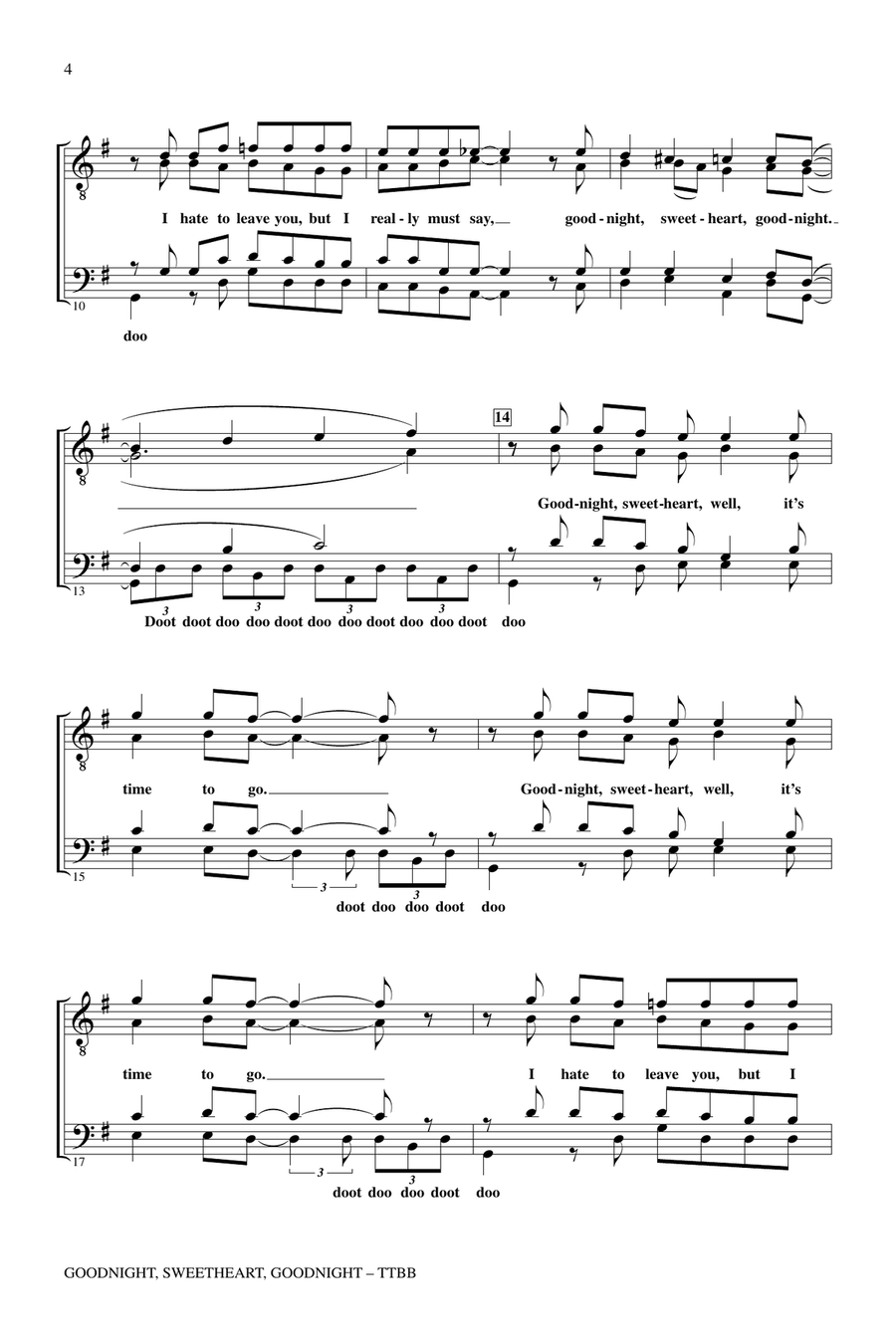 Goodnight, Sweetheart, Goodnight (Goodnight, It's Time to Go) (arr. Mel Knight) TTBB scores gallery preview page 2