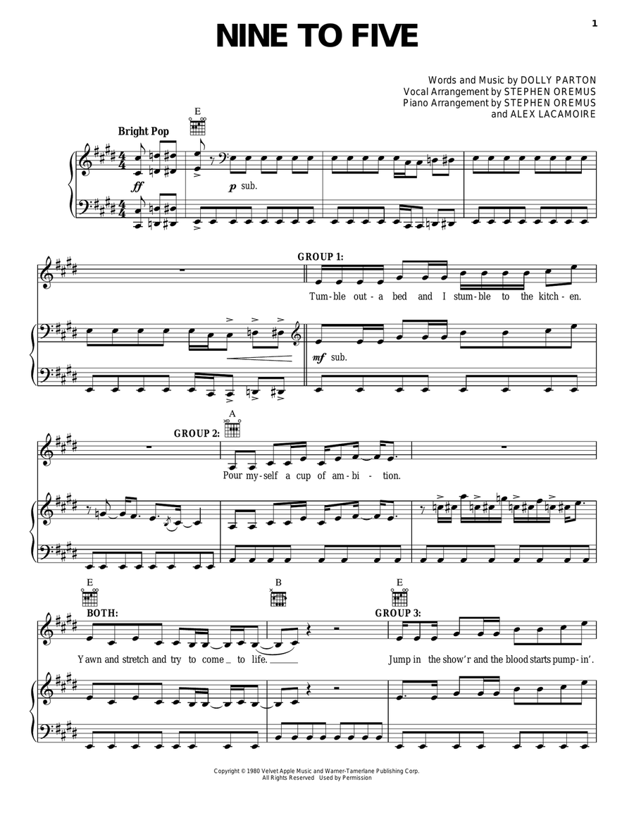 Nine To Five (from 9 to 5: The Musical) Piano, Vocal, Guitar scores gallery preview page 1