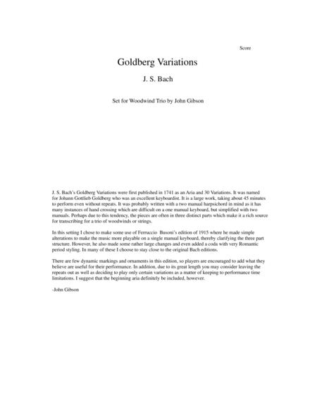 J. S. Bach Goldberg Variations set for flute, clarinet, and bassoon - SCORE