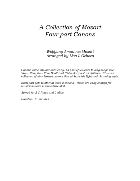 A Collection of Mozart Four Part Canons for Flute Quartet (2C, 2A) image number null