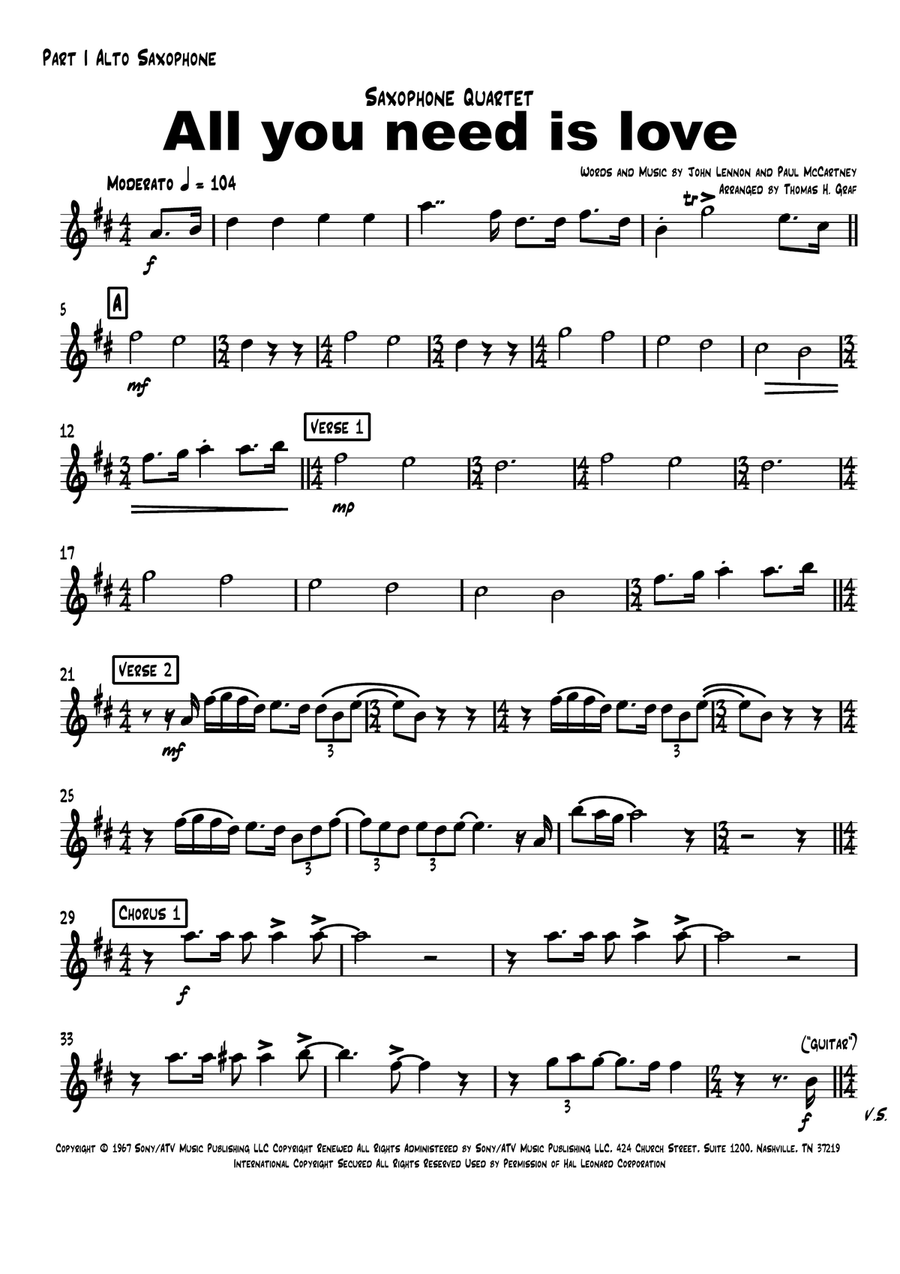 All You Need Is Love Saxophone Quartet scores gallery preview page 5