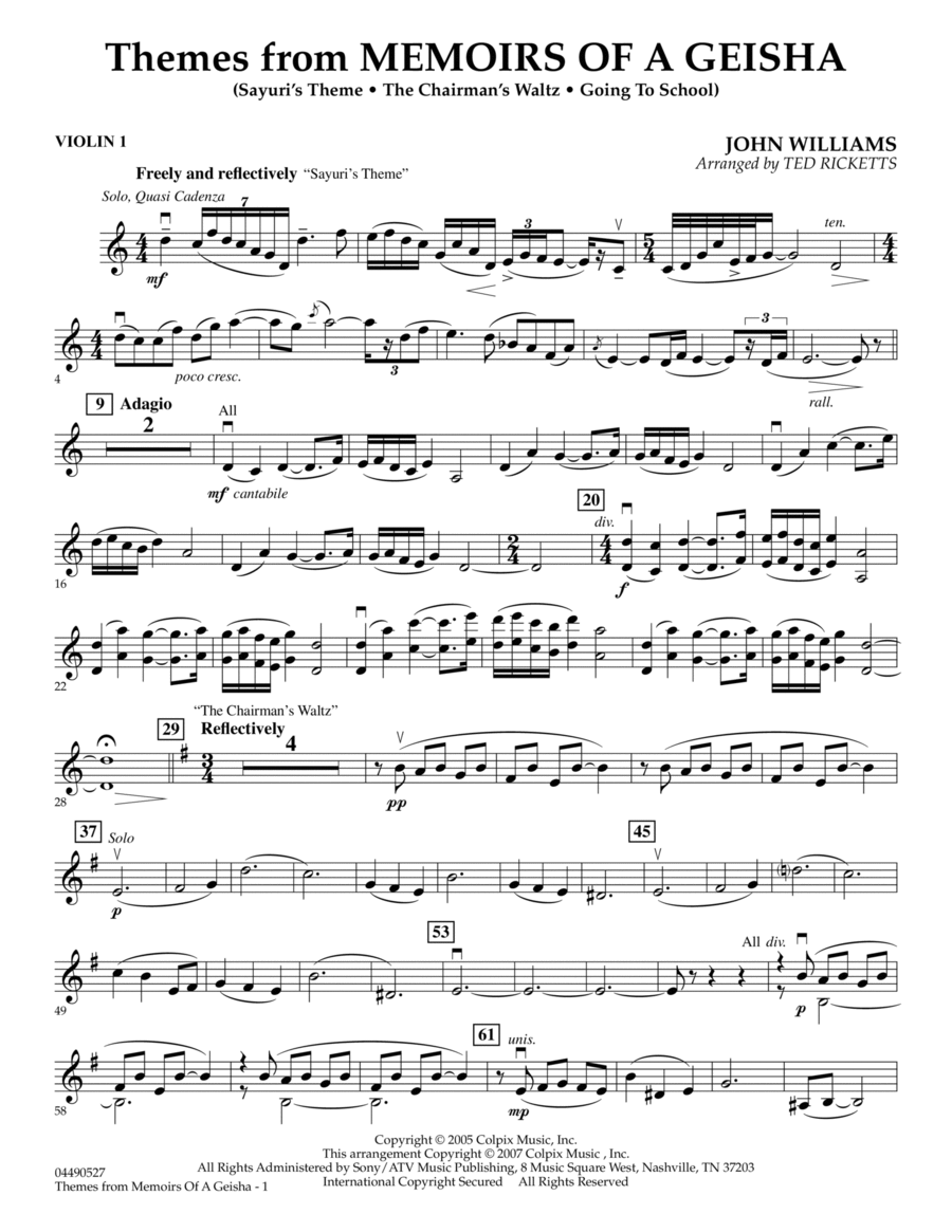 Themes from Memoirs of a Geisha - Violin 1 Violin scores gallery preview page 1