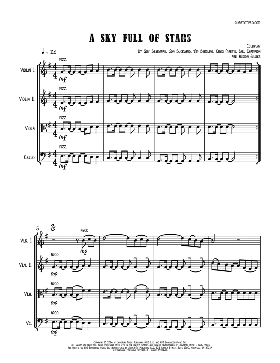 A Sky Full Of Stars String Quartet scores gallery preview page 1