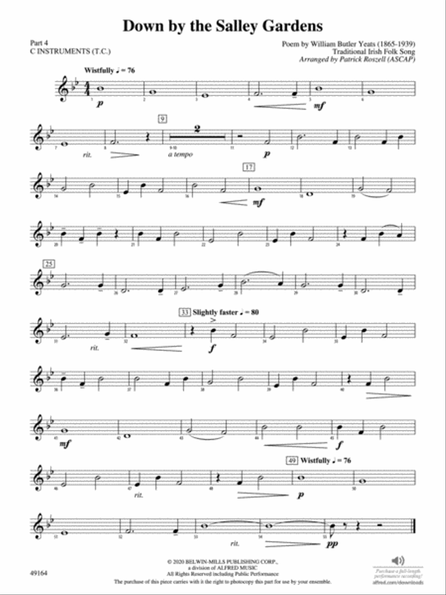 Down by the Salley Gardens: Part 4 - C Instruments (T.C.) Concert Band scores gallery preview page 1