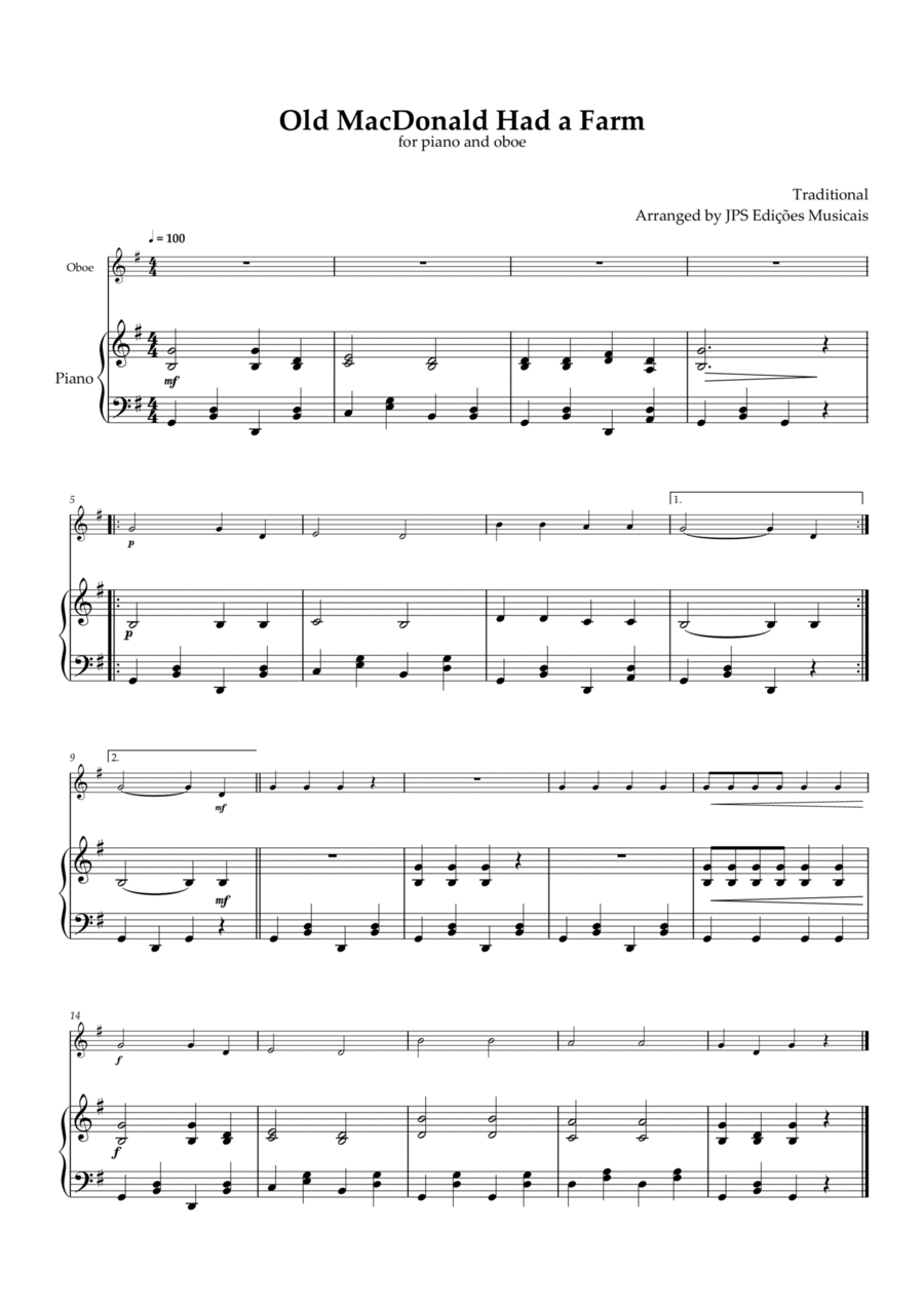 Old MacDonald Had A Farm for piano and oboe Piano scores gallery preview page 1