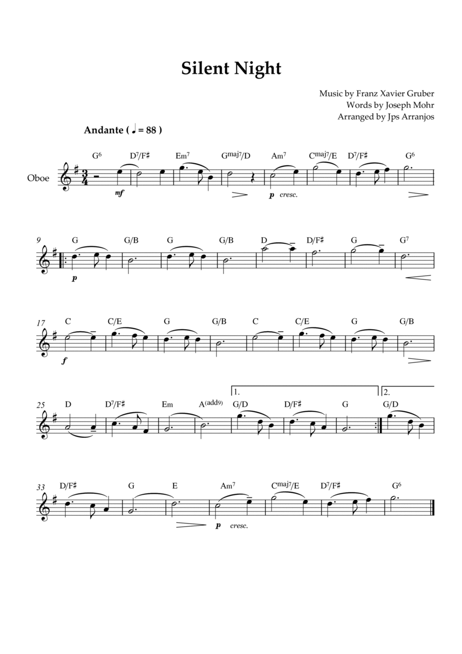 Silent Night For Oboe Solo Easy Piano scores gallery preview page 1
