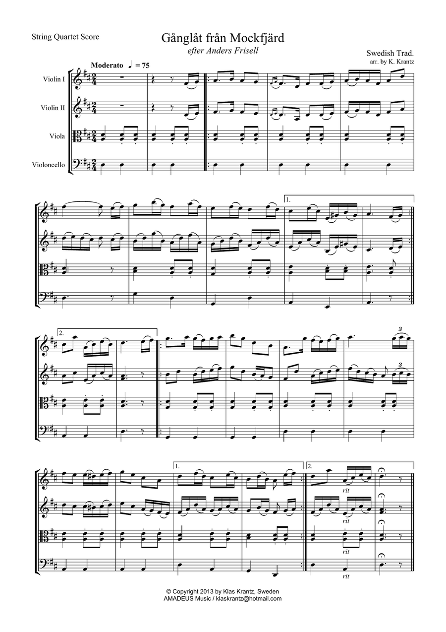 Swedish folk music for string quartet String Quartet scores gallery preview page 1