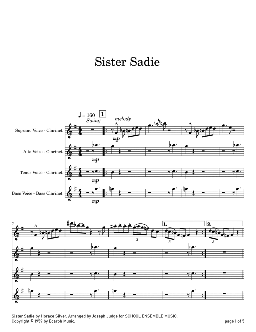 Sister Sadie Sister Sadie Clarinet Quartet scores gallery preview page 1
