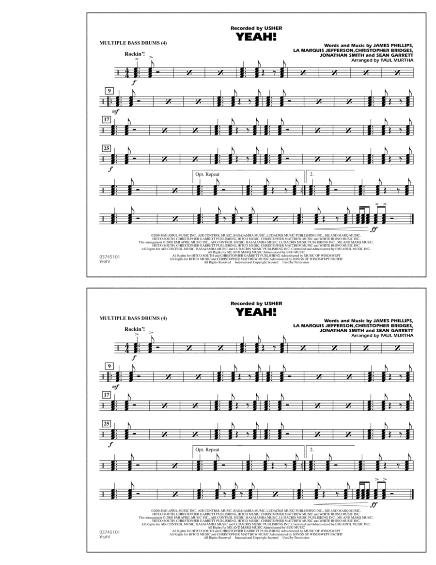Yeah! - Multiple Bass Drums Marching Band scores gallery preview page 1