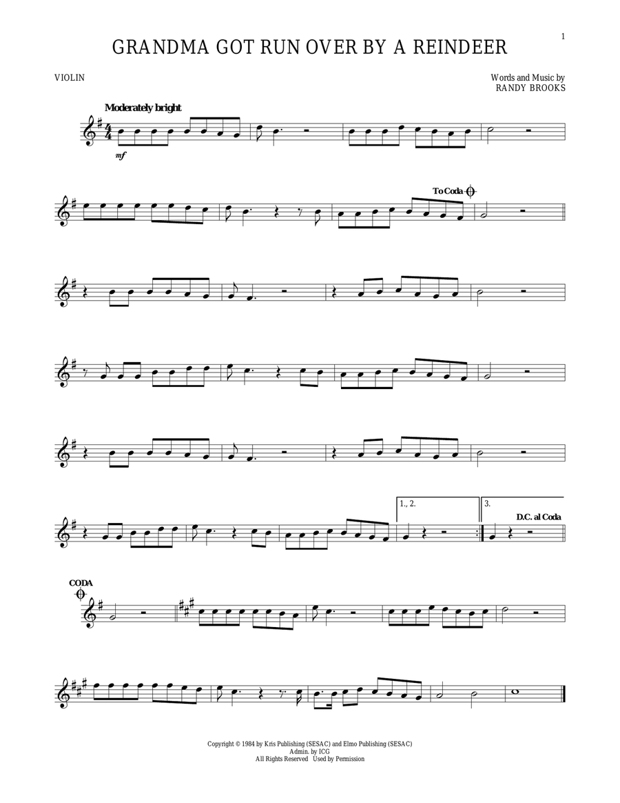 Grandma Got Run Over By A Reindeer Violin Solo scores gallery preview page 1
