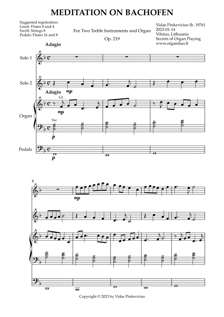Meditation on Bachofen, Op. 219 (2 Treble Instruments and Organ) by Vidas Pinkevicius Piano scores gallery preview page 1