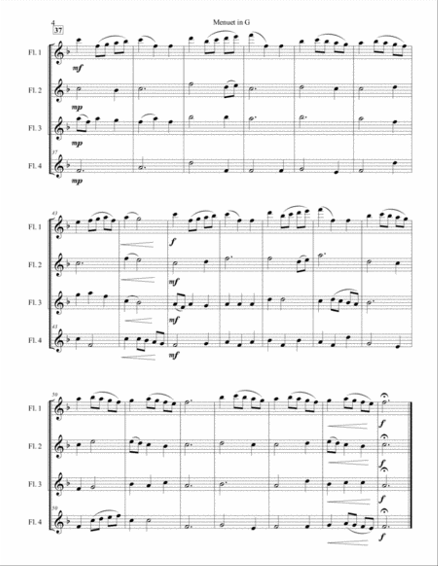 Menuet in G for Flute Quartet Flute Quartet scores gallery preview page 4