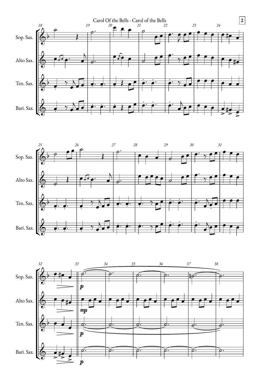 Carol of the Bells Saxophone Quartet scores gallery preview page 2