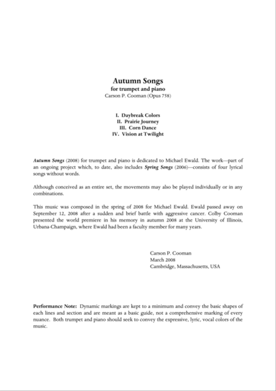 Carson Cooman: Autumn Songs (2008) fo rBb or C trumpet and piano C Trumpet scores gallery preview page 1