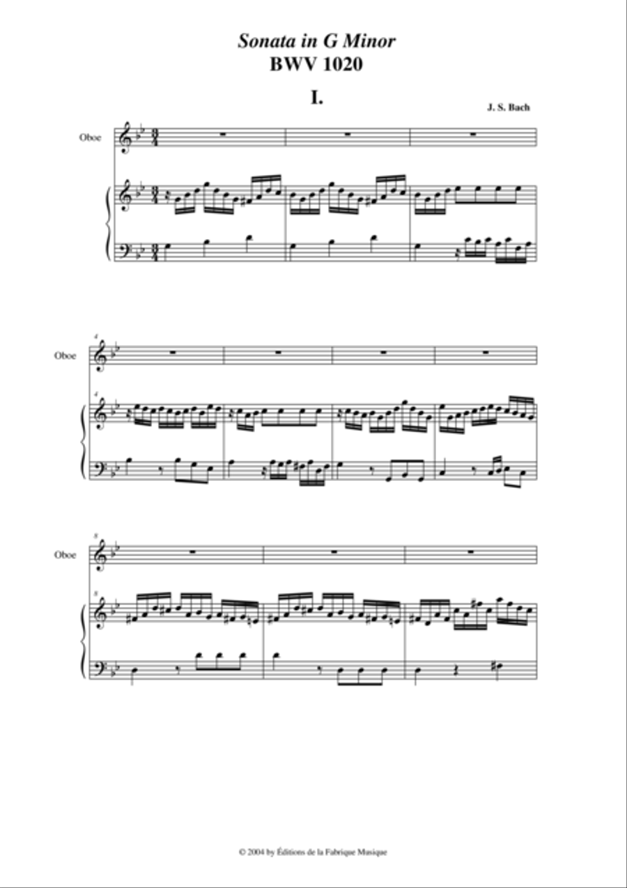 J. S. Bach: Sonata in g minor, BWV 1020 arranged for oboe and piano (or harp) Harp scores gallery preview page 2
