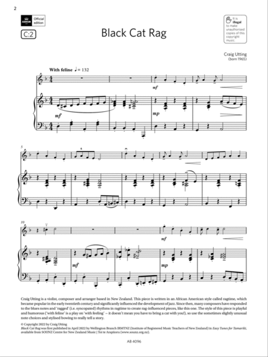 Black Cat Rag (Grade 2, C2, from the ABRSM Violin Syllabus from 2024) Violin Solo scores gallery preview page 2