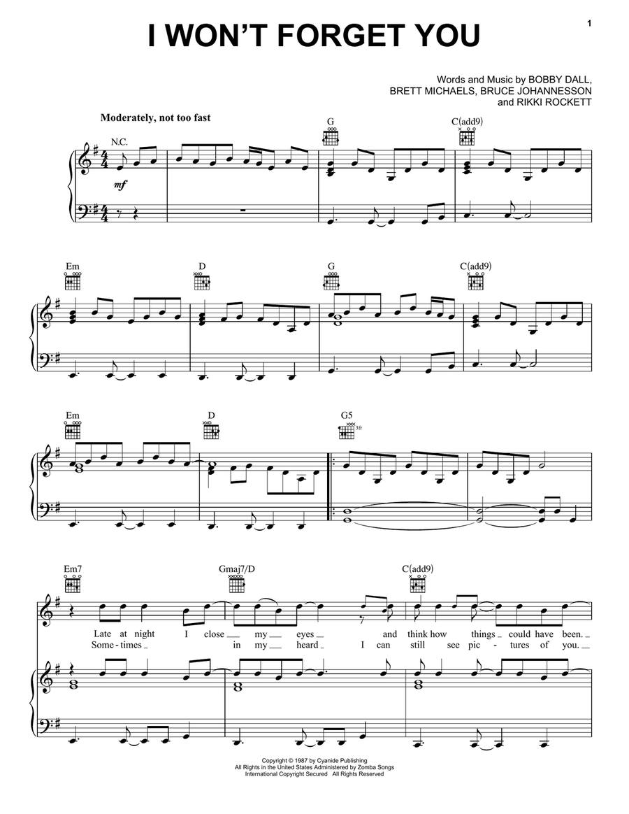 I Won't Forget You Piano, Vocal, Guitar scores gallery preview page 1