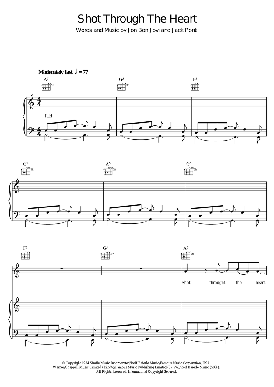 Shot Through The Heart Piano, Vocal scores gallery preview page 1