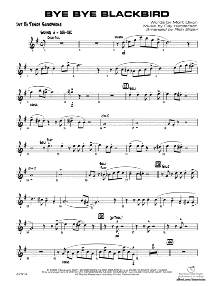 Bye Bye Blackbird B flat Tenor Saxophone Jazz Ensemble