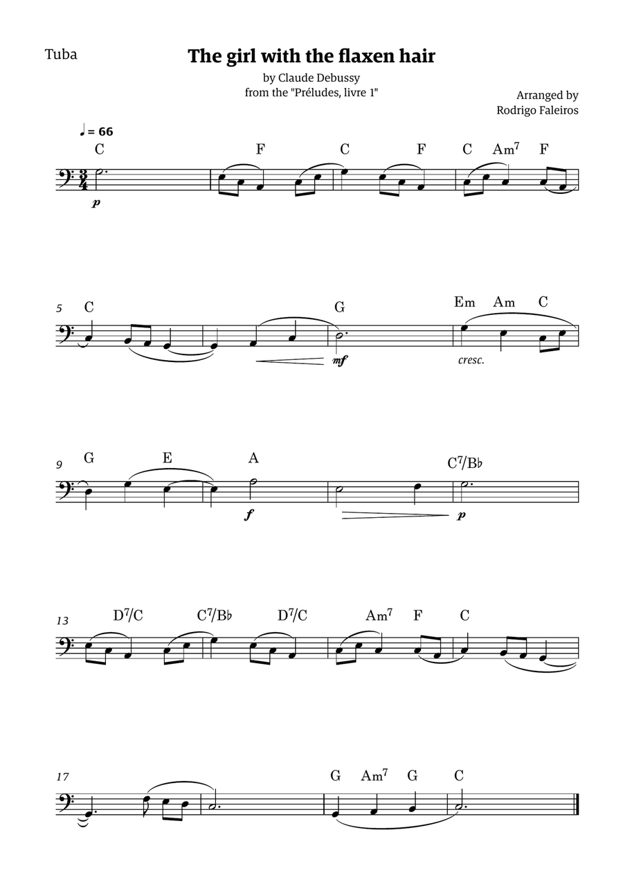 The Girl With The Flaxen Hair (solo tuba - with chords) Tuba scores gallery preview page 1