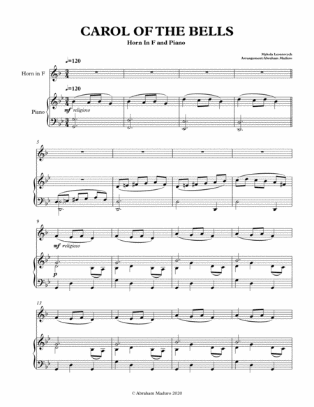 Carol Of The Bells Horn In F with Piano Accompaniment-Score and Parts image number null