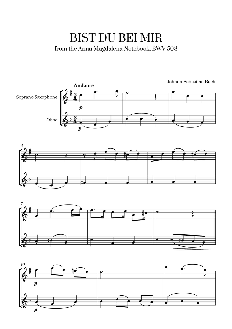 Johann Sebastian Bach - Bist du bei Mir (BWV 508) (F major) (for Soprano Saxophone and Oboe)