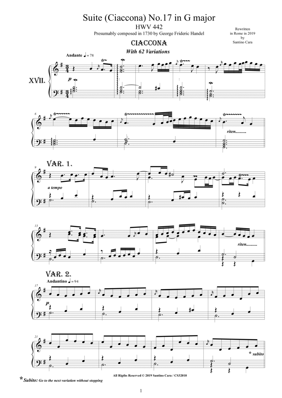 Handel - Piano Suite No.17 (Ciaccona with 62 variations) in G major HWV 442 Piano Solo scores gallery preview page 1