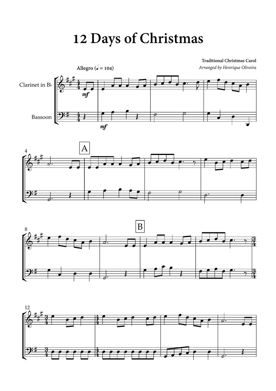 12 days of Christmas (Clarinet and Bassoon) - Christmas Carol Woodwind Duet scores gallery preview page 1