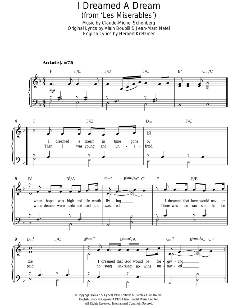 I Dreamed A Dream (from Les Miserables) Easy Piano scores gallery preview page 1