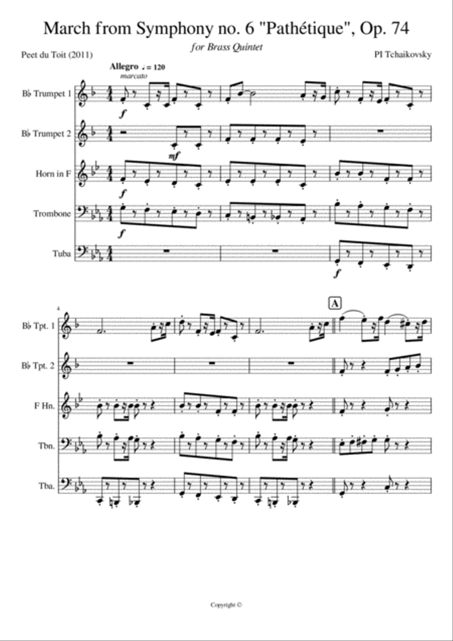 March from Symphony no. 6 Pathétique, Op. 74 - PI Tchaikovsky Brass Ensemble scores gallery preview page 1