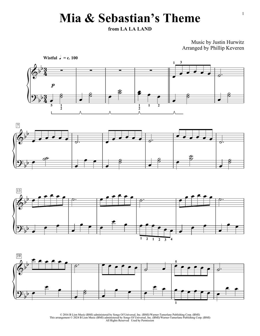 Mia & Sebastian's Theme (from La La Land) (arr. Phillip Keveren) Piano Solo scores gallery preview page 1