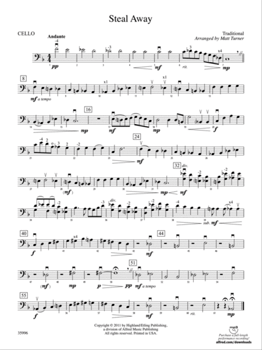 Steal Away: Cello Steal Away: Cello String Orchestra scores gallery preview page 1