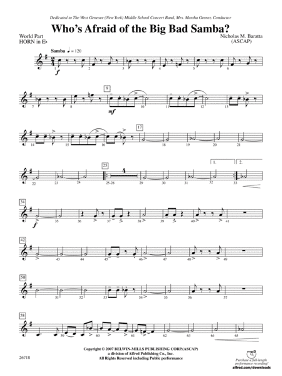 Who's Afraid of the Big Bad Samba?: (World Part) 1st Horn in E-flat Concert Band scores gallery preview page 1