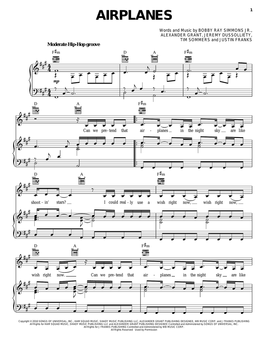 Airplanes Piano, Vocal, Guitar scores gallery preview page 1