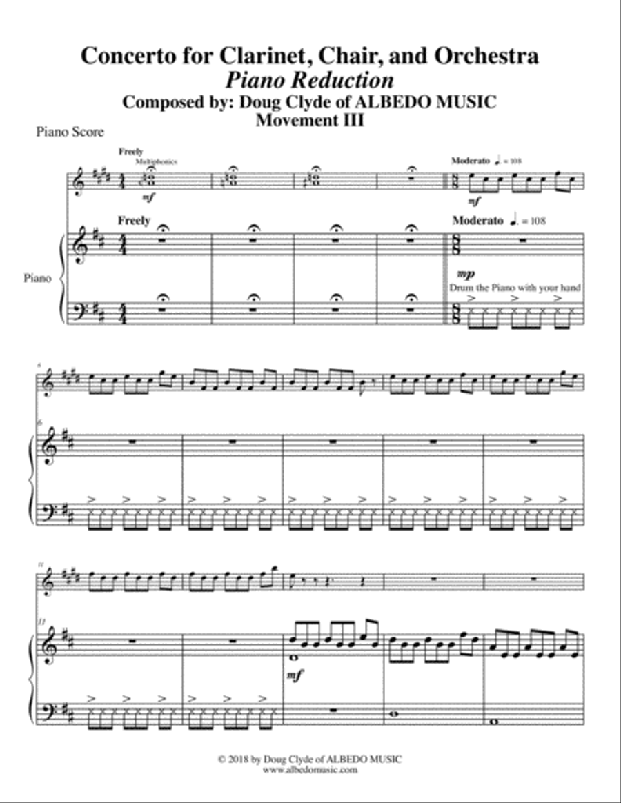 Concerto for Clarinet, Chair, and Orchestra. Piano Reduction. Movement III. Moderato. Clarinet Solo scores gallery preview page 3