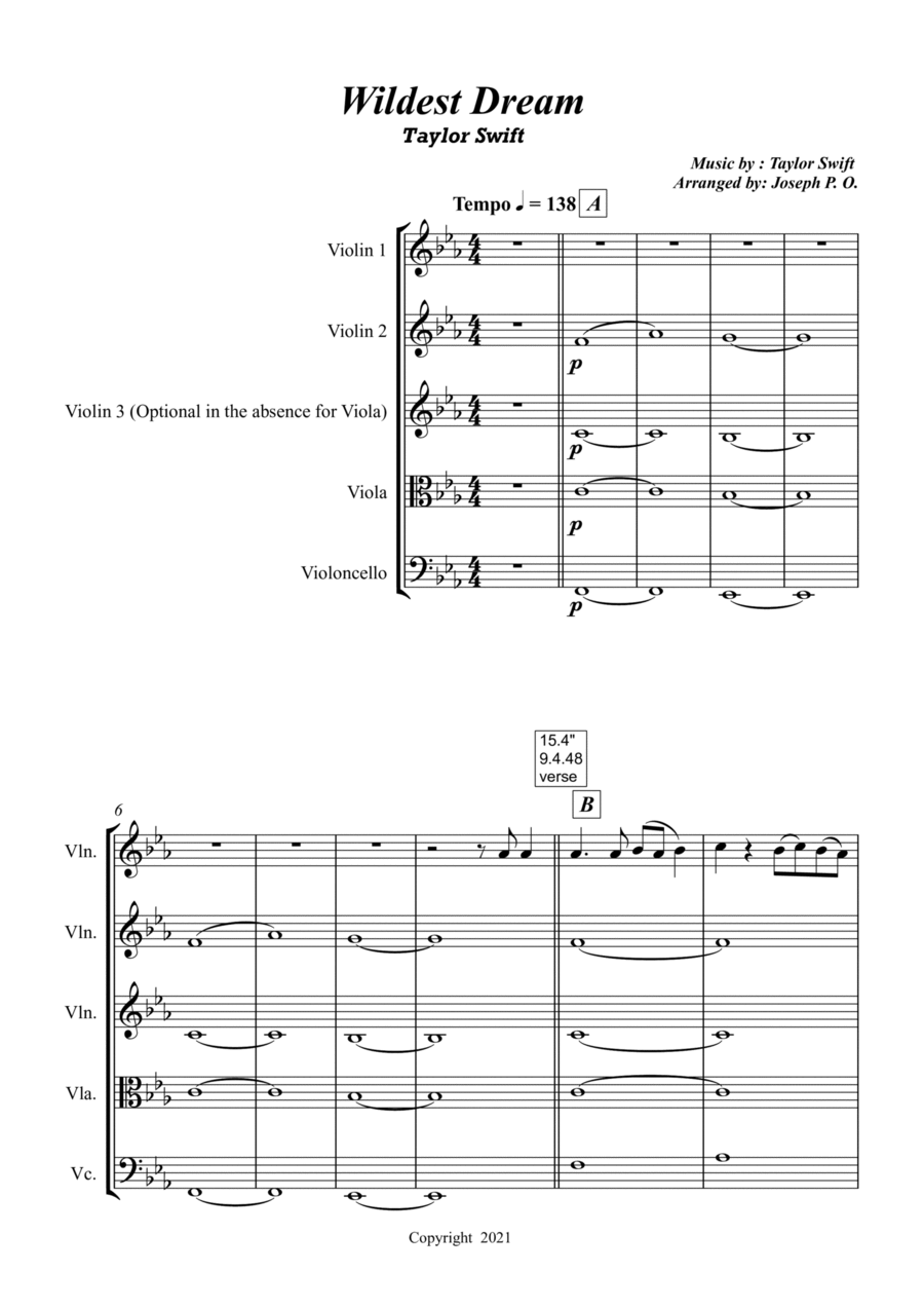 Wildest Dreams String Quartet scores gallery preview page 1