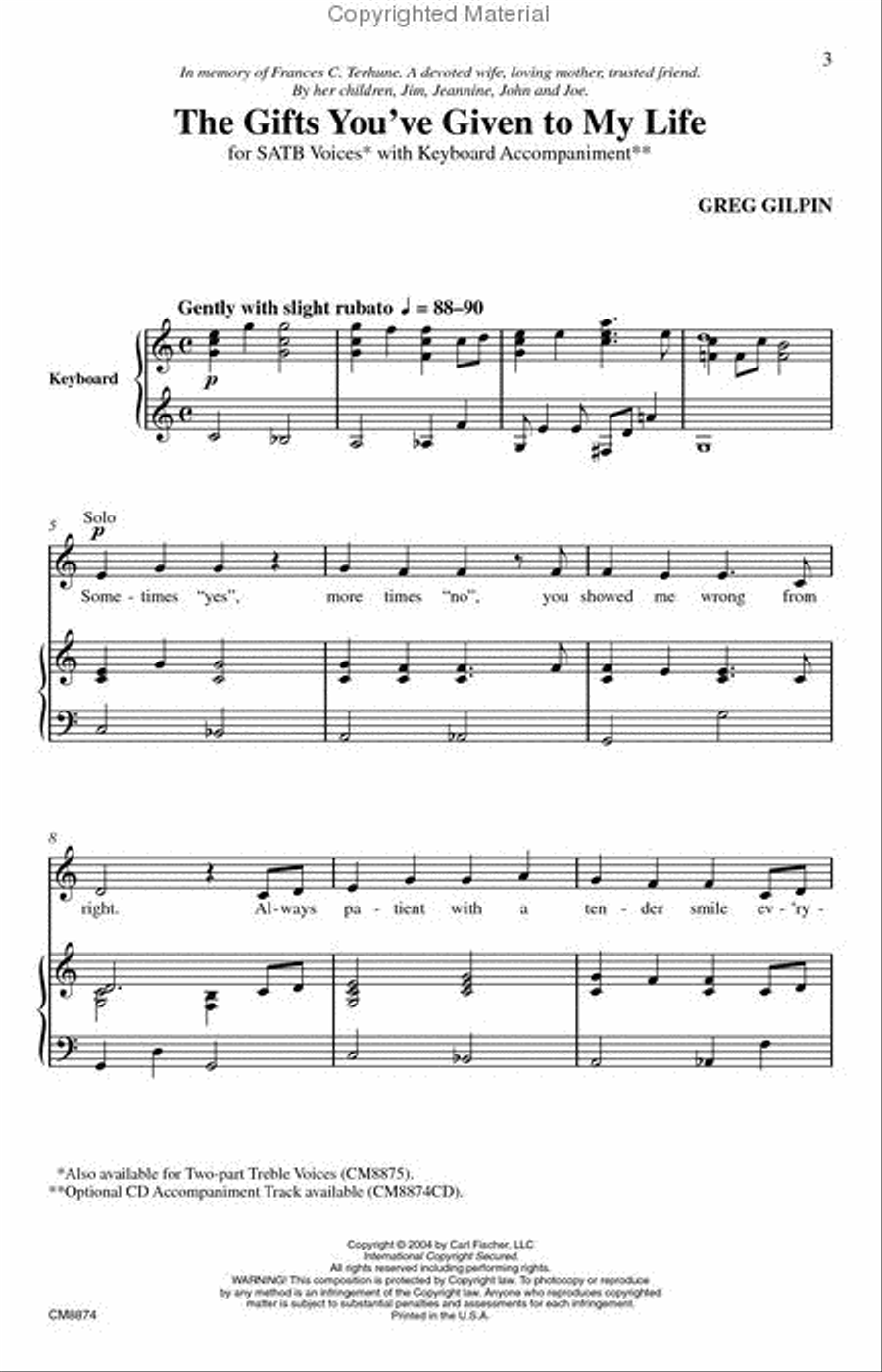 The Gifts You've Given To My Life 4-Part scores gallery preview page 2