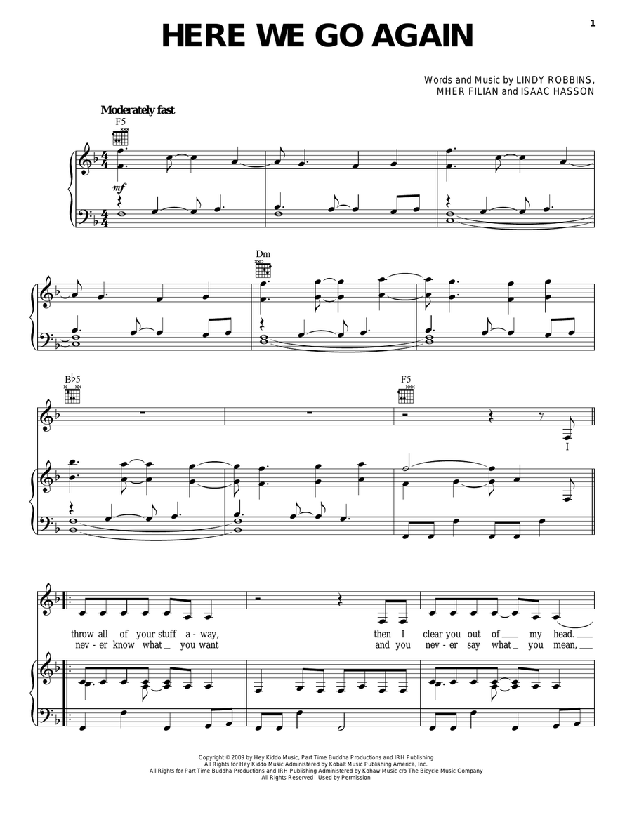 Here We Go Again Piano, Vocal, Guitar scores gallery preview page 1