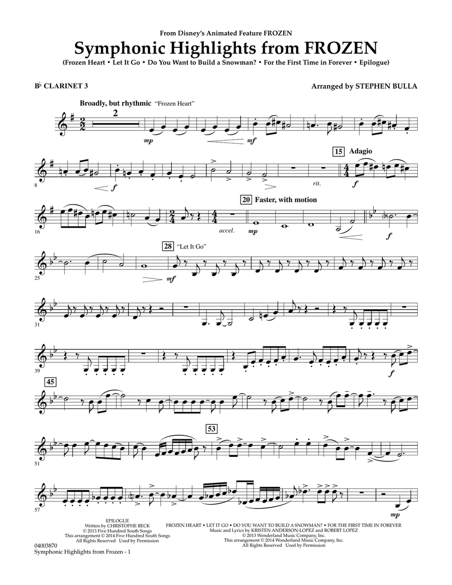 Symphonic Highlights from Frozen - Bb Clarinet 3 Concert Band scores gallery preview page 1