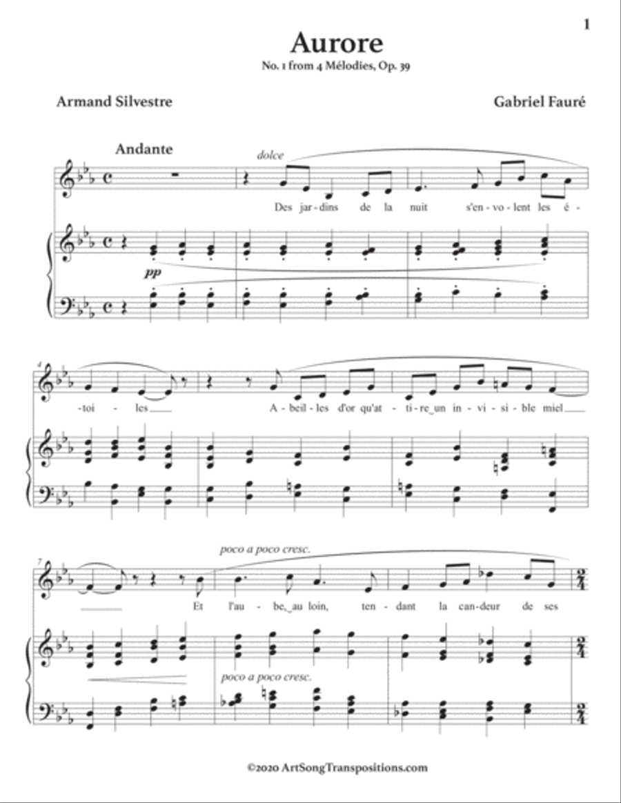 FAURÉ: Aurore, Op. 39 no. 1 (transposed to E-flat major) Voice scores gallery preview page 2