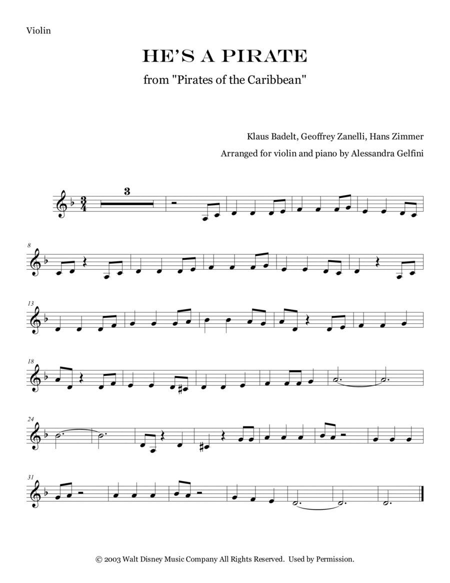 He's A Pirate Violin Solo scores gallery preview page 1