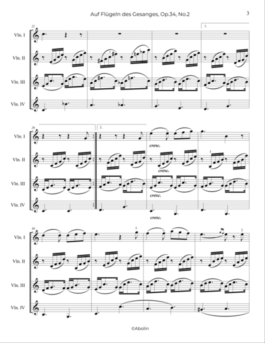 Mendelssohn: On Wings of Song, Op.34, No.2 - arr. for Violin Quartet String Quartet scores gallery preview page 4