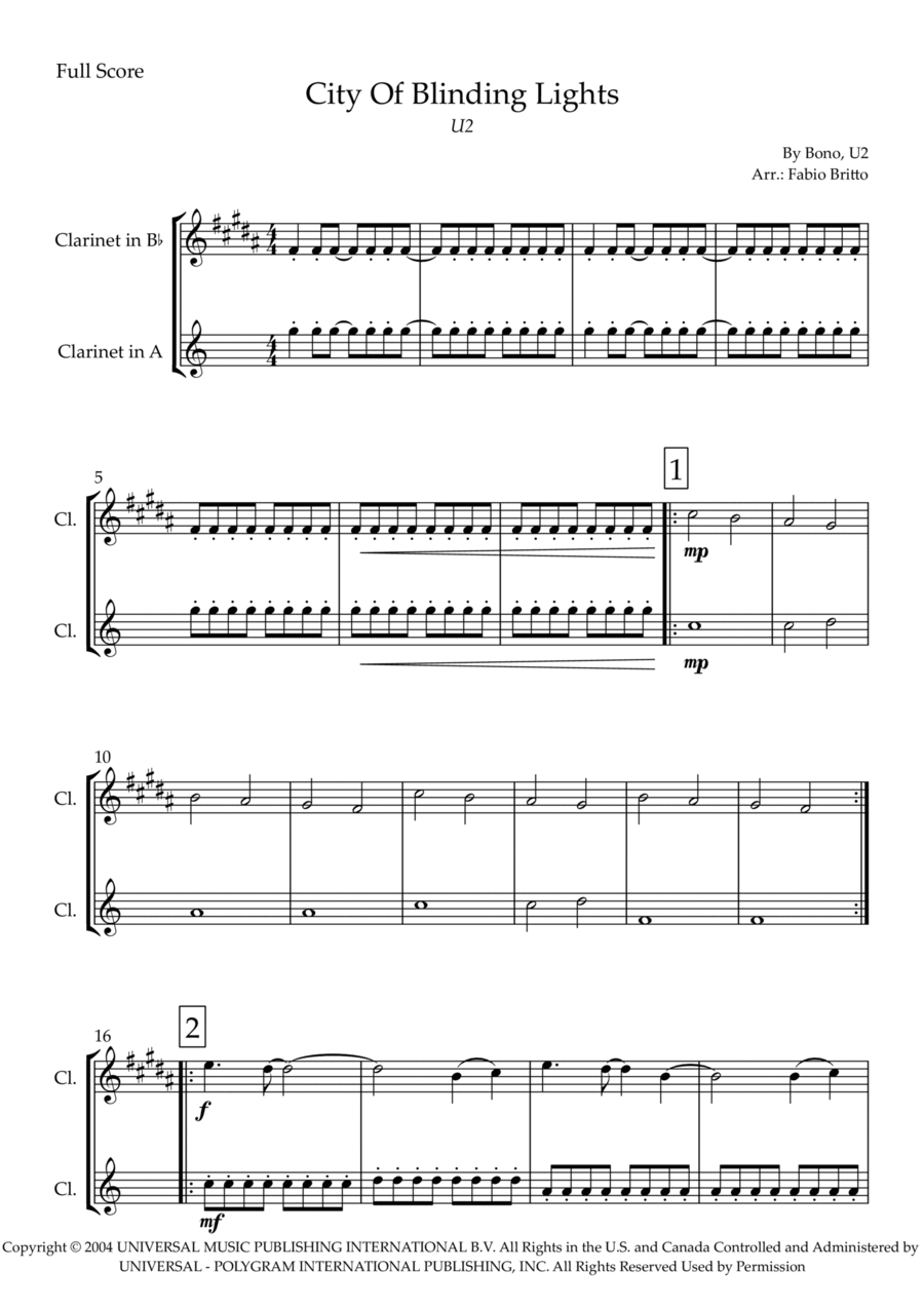 City Of Blinding Lights Clarinet Duet scores gallery preview page 1