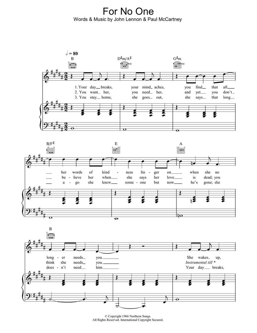For No One Piano, Vocal, Guitar scores gallery preview page 1