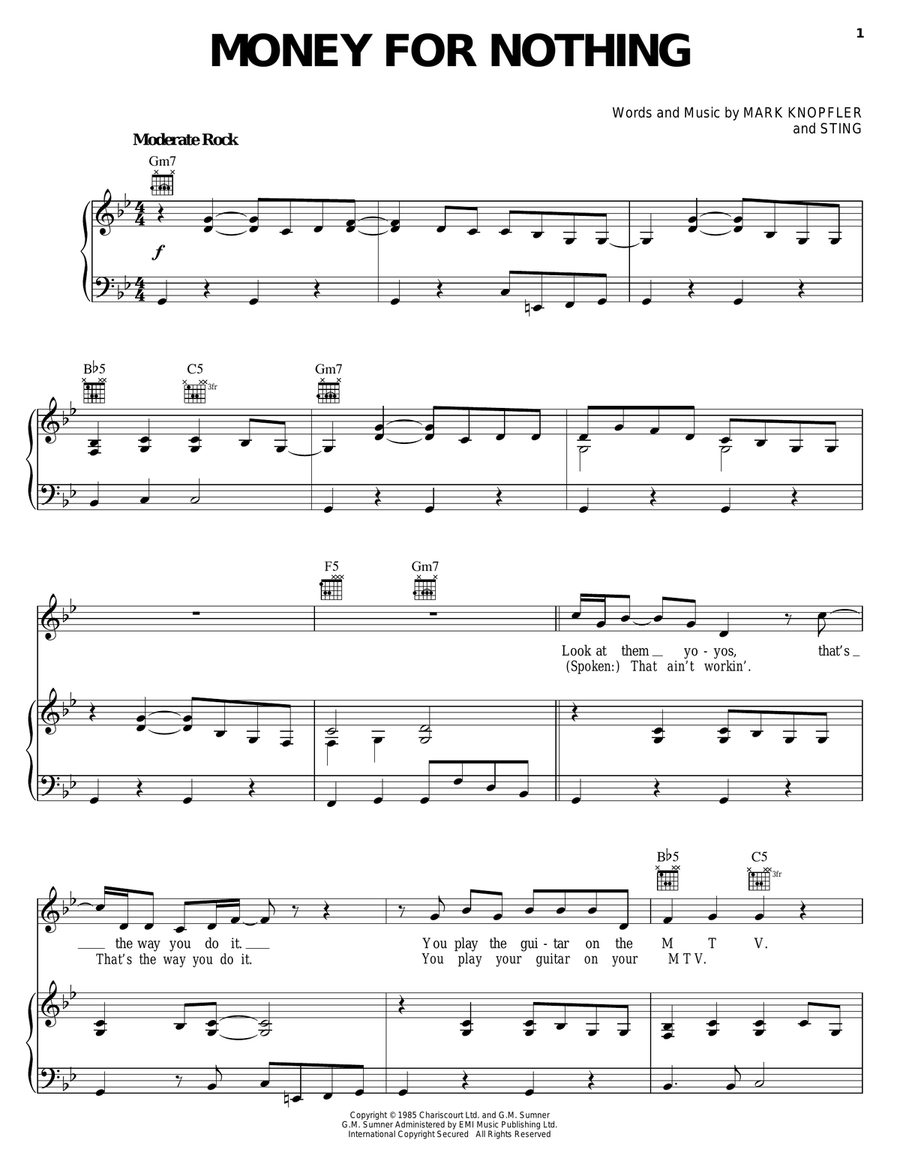 Money For Nothing Piano, Vocal, Guitar scores gallery preview page 1