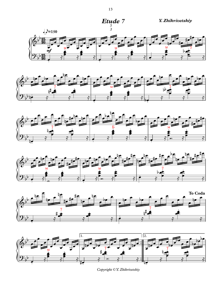 Polyrhythmic etude #7 for accordion: 3 in the left hand - 5 in the right. Accordion scores gallery preview page 1