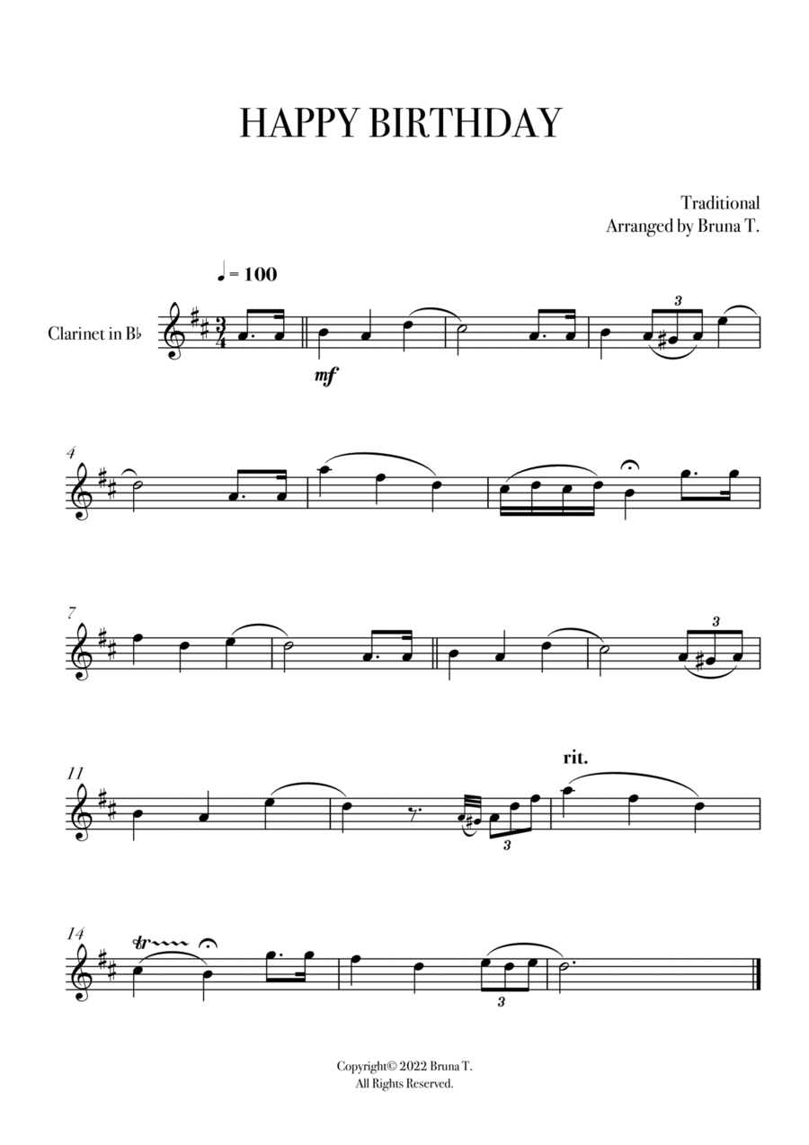 Happy Birthday (Clarinet) B-Flat Clarinet scores gallery preview page 1