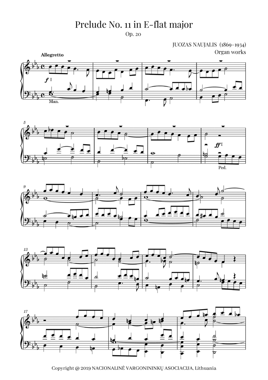 Prelude No. 11 in E-flat major, Op. 20 by Juozas Naujalis (1869–1934) Organ Solo scores gallery preview page 1